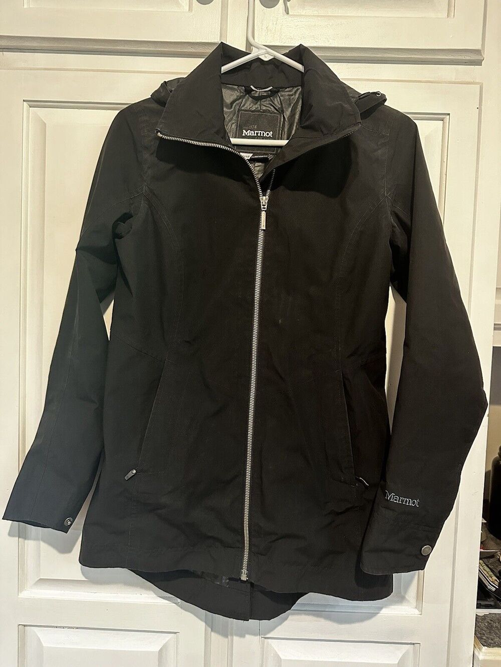 Marmot Womens Zippered High Neck Long Sleeved Hooded Rain Jacket Black Size XS